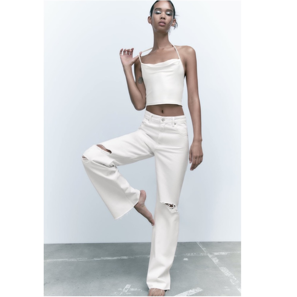 NWT Sold Out Zara TRF High Waist Ripped White Wide Leg Jeans Sz 26